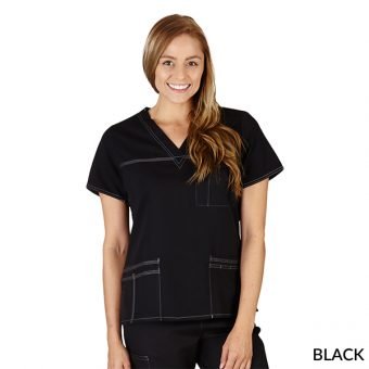 SUPER SOFT, COMFORT STRETCH JUNIOR FIT CONTRAST STITCH V-NECK SCRUB TOP